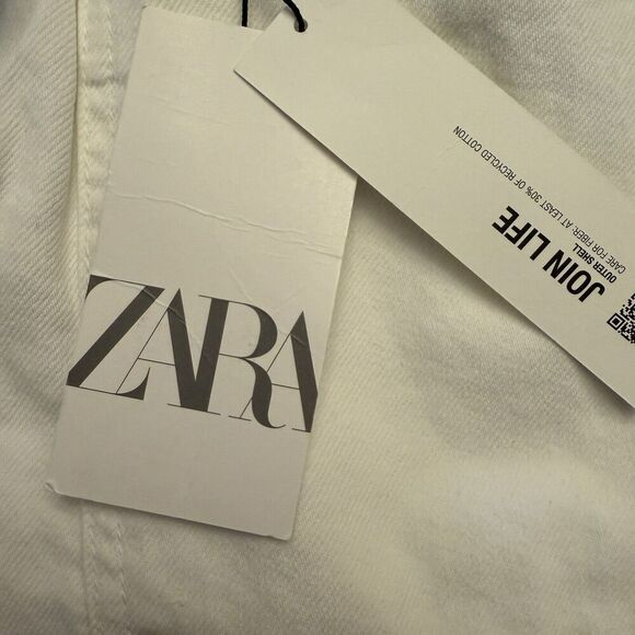 ZARA Hi Rise Rigid Paperbag Shorts White Denim Belt Size 2 Cotton Pockets Cuff - Picture 7 of 14
